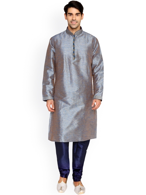 

RG DESIGNERS Grey & Blue Patterned Satin & Silk Kurta Pyjama