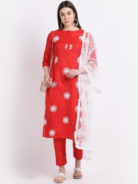 

KALINI Women Red & White Floral Embroidered Kurti with Trousers & With Dupatta