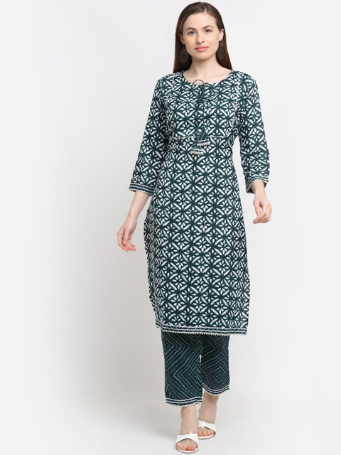 

KALINI Women Charcoal Grey & White Bandhani Printed Pure Cotton Kurti with Trousers