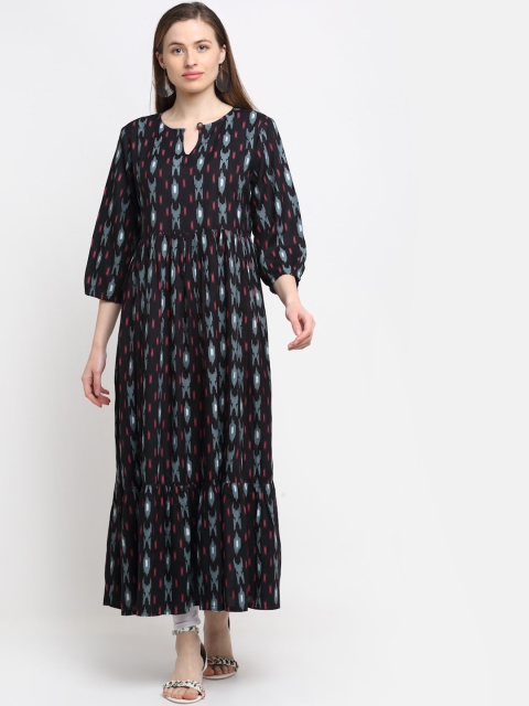 

KALINI Women Black Printed Keyhole Neck Flared Sleeves Tiering Kurta
