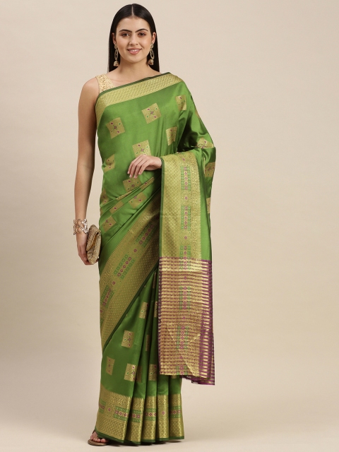 

PERFECTBLUE Green & Gold Ethnic Motifs Art Silk Banarasi Saree