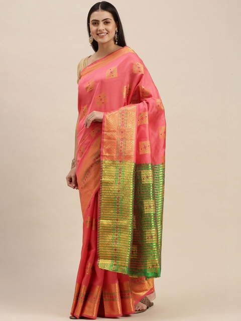 

PERFECTBLUE Pink & Gold Ethnic Motifs Art Silk Banarasi Saree