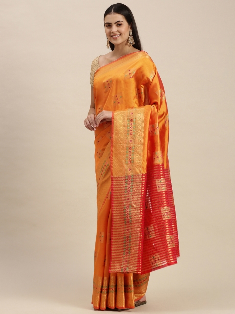 

PERFECTBLUE Orange & Gold Ethnic Motifs Art Silk Banarasi Saree