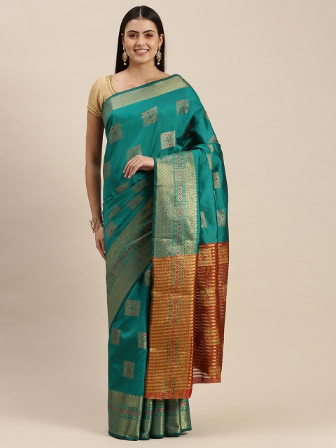 

PERFECTBLUE Teal Green & Gold Ethnic Motifs Art Silk Banarasi Saree