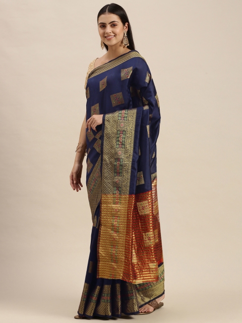 

PERFECTBLUE Navy Blue & Gold Ethnic Motifs Art Silk Banarasi Saree