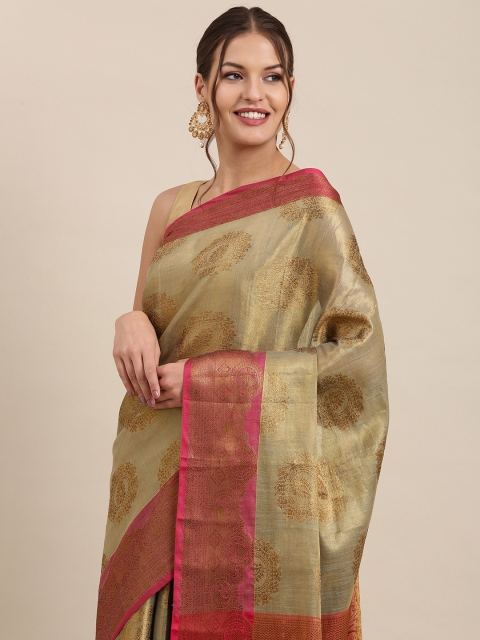 

PERFECTBLUE Grey & Gold Ethnic Motifs Silk Blend Kanjeevaram Saree