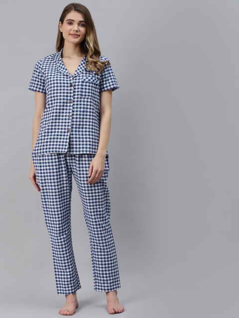 

FABNEST Women Blue & White Checked Night suit
