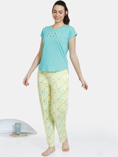

Zivame Women Yellow & Turquoise Blue Printed Night suit