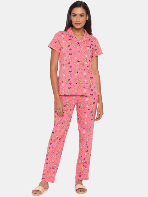 

Zivame Women Pink & Yellow Printed Pure Cotton Night suit