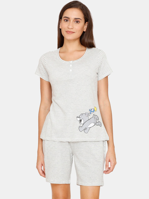 

Zivame Women Grey & White Striped Night suit