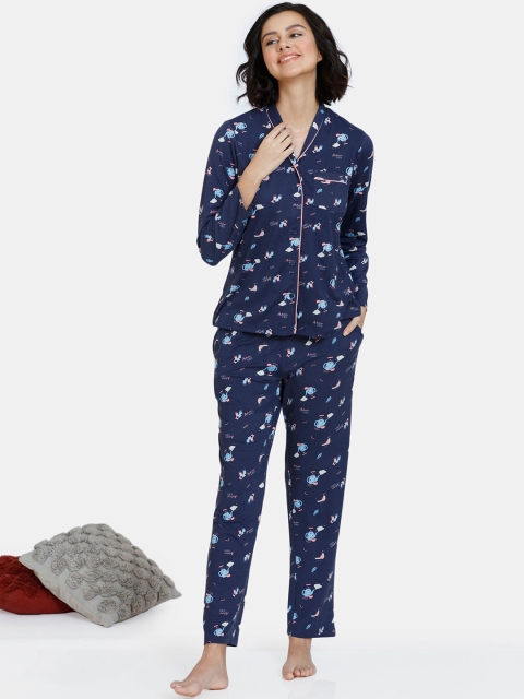 

Zivame Women Blue & Pink Printed Night suit