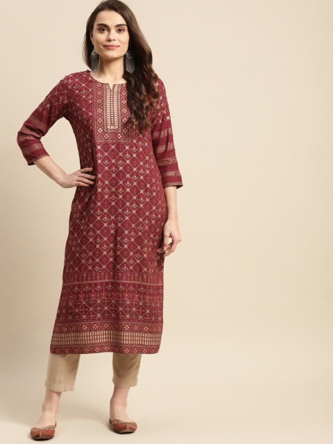 

Prakrti Women Maroon & Beige Ethnic Motifs Printed Kurta