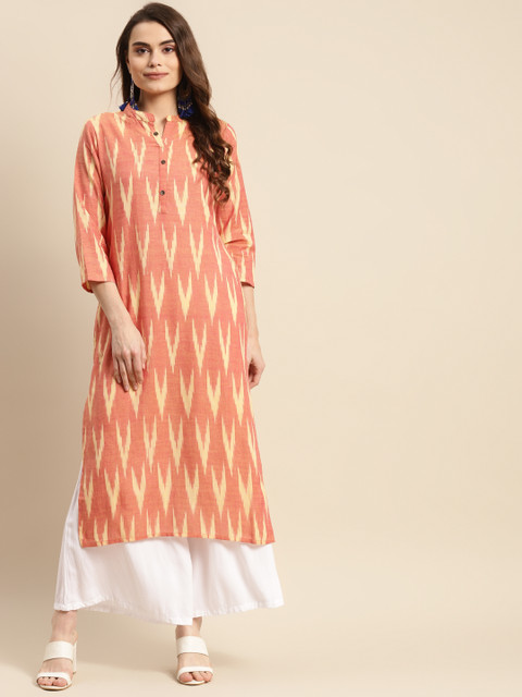 

Prakrti Women Peach & Cream-Coloured Ikat Print Kurta