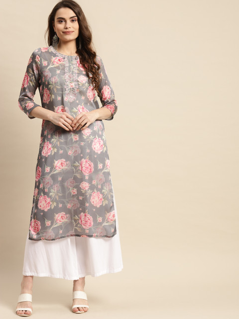 

Prakrti Women Grey & Pink Floral Jaal Print Kurta