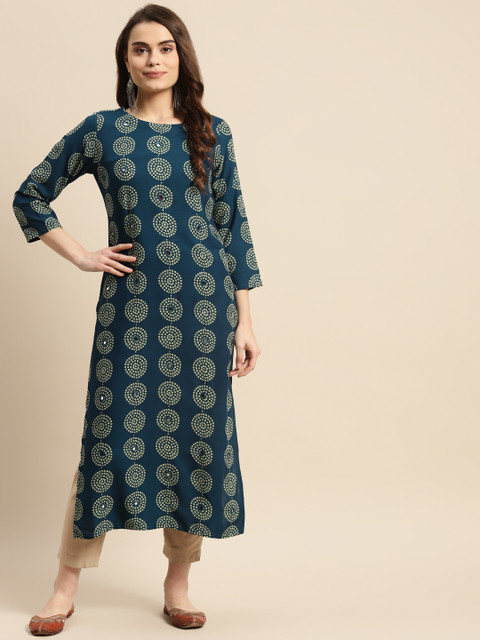

Prakrti Women Teal Blue Bandhani Print Round Neck Rayon Indie Prints Straight Kurta