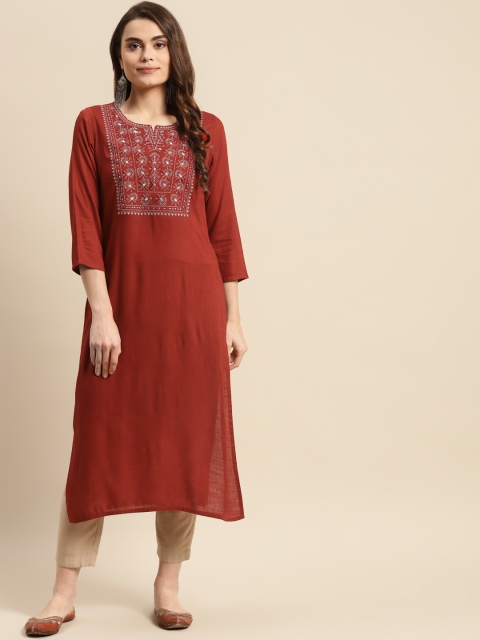 

Prakrti Women Rust Brown Ethnic Motifs Yoke Design Thread Work Rayon Straight Kurta
