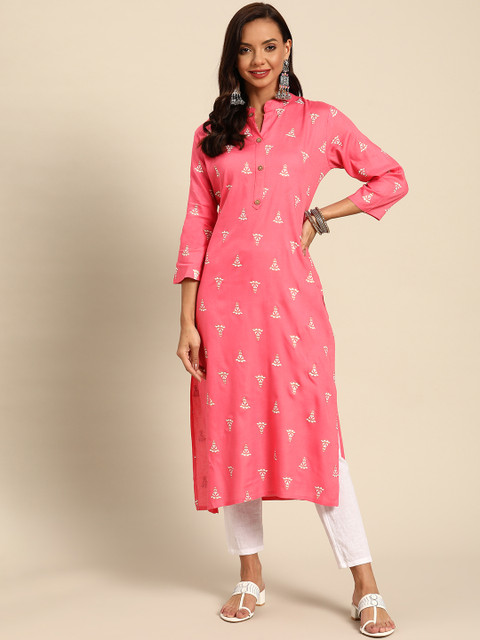 

Prakrti Women Coral Pink & Off White Ethnic Motifs Buti Khari Printed Kurta