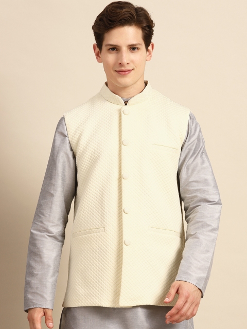 

Anouk Men Off White Solid Quilted Cotton Silk Sustainable Nehru Jacket