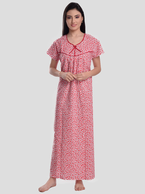 

CIERGE Red Printed Maxi Pure Cotton Nightdress