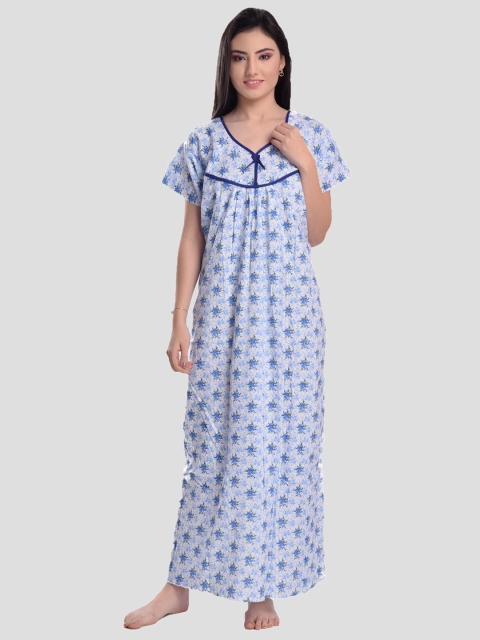 

CIERGE Blue Printed Pure Cotton Maxi Nightdress