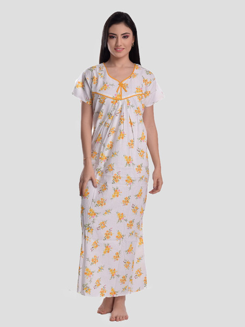 

CIERGE White & Yellow Cotton Floral Printed Maxi Nightdress