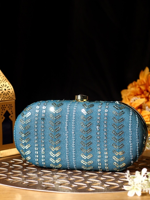 

TRINK Teal & Silver-Toned Embellished Box Clutch With Chain Strap