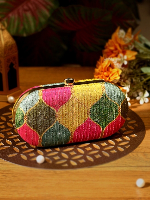 

TRINK Green & Pink Printed Box Clutch