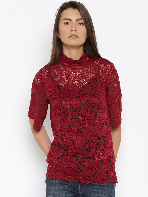 

Vero Moda Women Red Lace Sheer Top