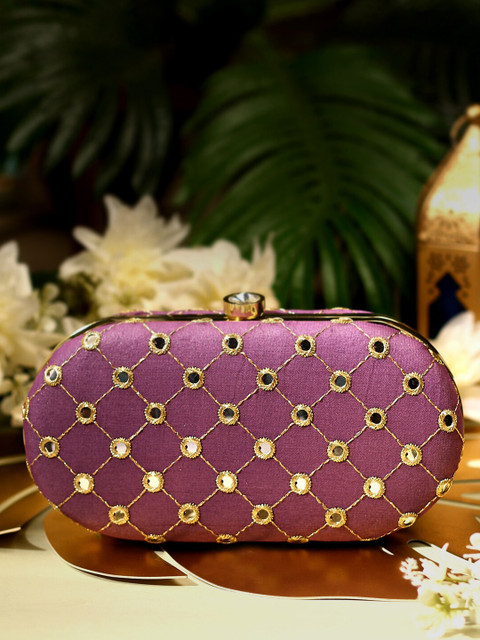 

TRINK Purple & Gold-Toned Embellished Embroidered Box Clutch With Chain Strap