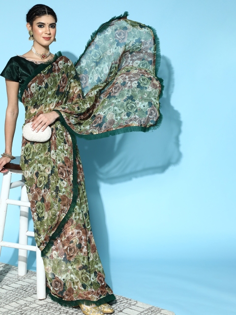 

Tikhi Imli Floral Saree with Solid border, Green