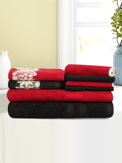 

LUSH & BEYOND Set Of 8 Red & Black Self-Design 500 GSM Pure Cotton Towels Set