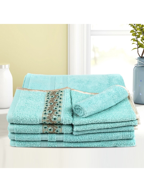 

LUSH & BEYOND Set Of 8 Teal-Blue Self-Design 500 GSM Pure Cotton Towels Set