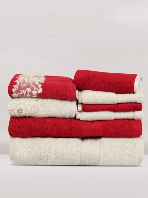 

LUSH & BEYOND Set Of 8 Red & Cream-Coloured Self-Design 500 GSM Pure Cotton Towels Set