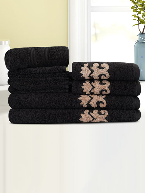 

LUSH & BEYOND Set Of 8 Black Self-Designed Bath & Hand Towel Set