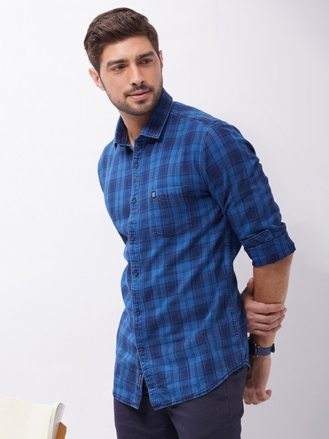 

Oxemberg Men Navy Blue Classic Slim Fit Tartan Checks Checked Casual Shirt