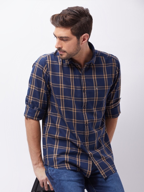

Oxemberg Men Navy Blue Classic Slim Fit Tartan Checks Checked Casual Shirt