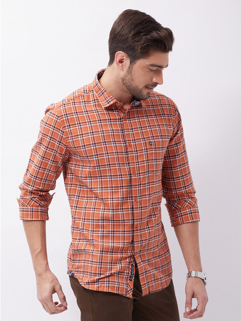 

Oxemberg Men Orange Classic Slim Fit Grid Tattersall Checked Cotton Casual Shirt
