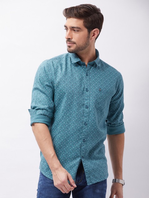 

Oxemberg Men Teal Classic Slim Fit Printed Casual Shirt