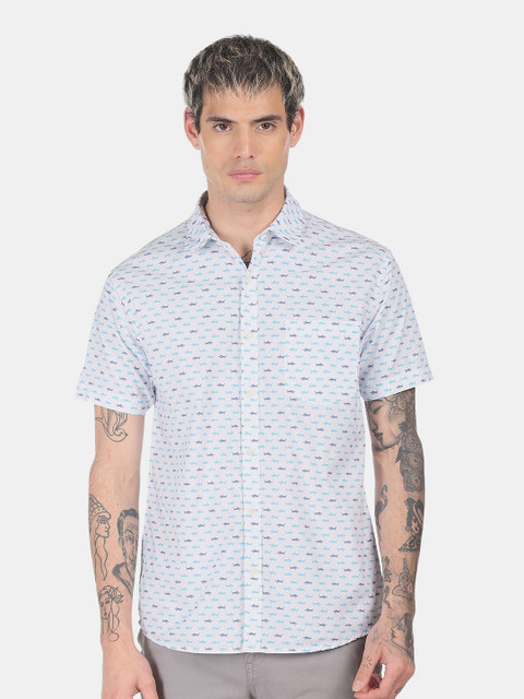 

Ruggers Men White & Blue Printed Pure Cotton Casual Shirt