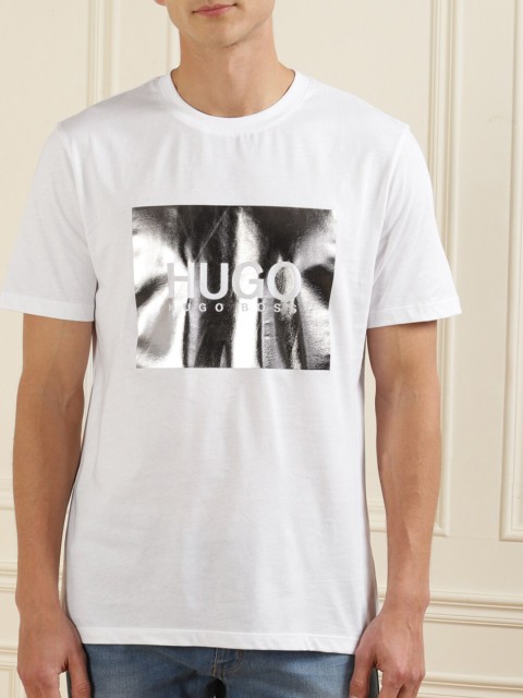 

HUGO Men White & Black Typography Printed Pure Cotton T-shirt