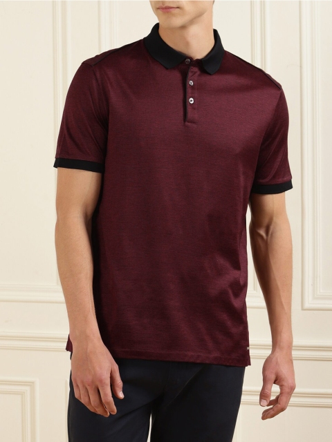 

HUGO Men Burgundy & Black Pure Cotton Polo Collar T-shirt