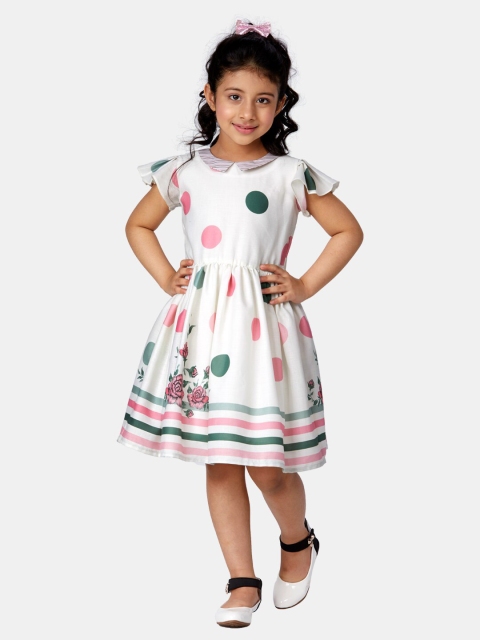 

Peppermint Girls White & Pink Polka and Floral Printed Fit & Flare Cotton Dress