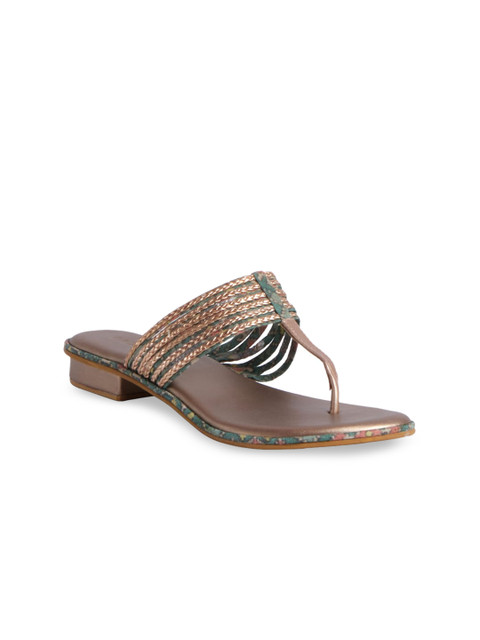 

ERIDANI Women Rose Gold Embellished Leather Ethnic T-Strap Flats