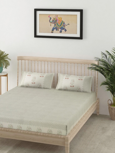 

EK Beige & Green Ethnic Motifs 120 TC King Bedsheet with 2 Pillow Covers