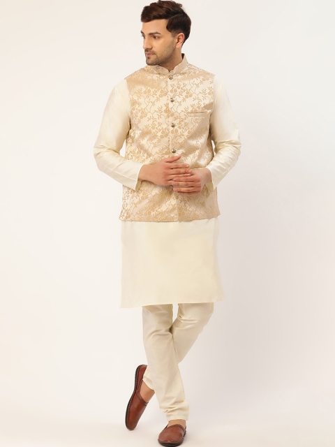 

Jompers Men Beige Kurta & Pyjamas With Floral Embroidered Nehru Jacket