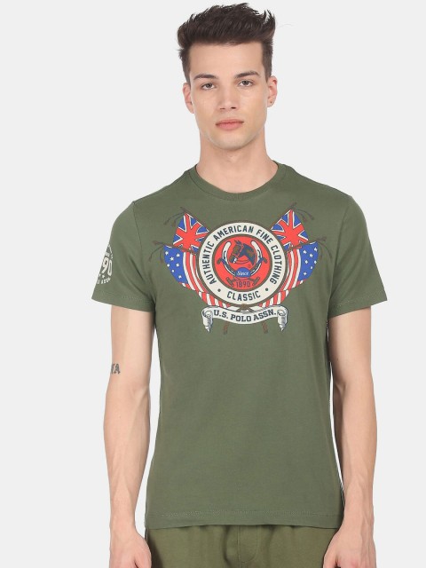 

U.S. Polo Assn. Denim Co. Men Green & Red Typography Printed Pure Cotton T-shirt