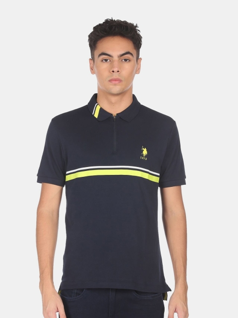 

U S Polo Assn Men Blue Striped Polo Collar Applique T-shirt