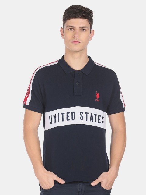 

U S Polo Assn Men Navy Blue & White Typography Polo Collar Cotton T-shirt