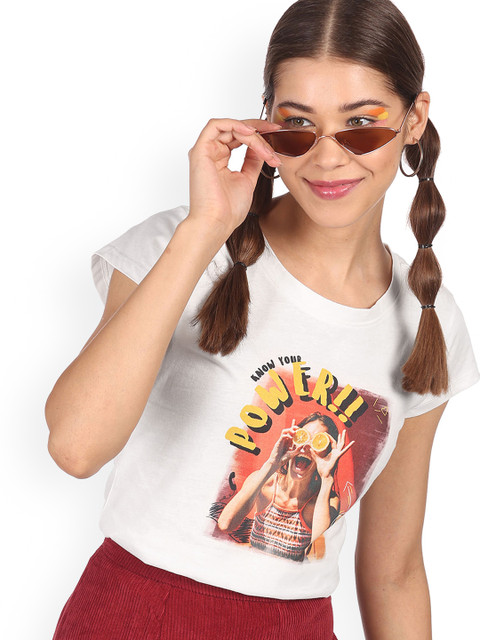 

Sugr Women White Printed Cotton T-shirt