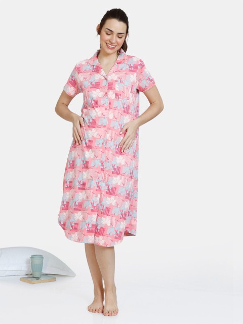 

Zivame Pink & Blue Printed Pure Cotton Maternity Nightdress